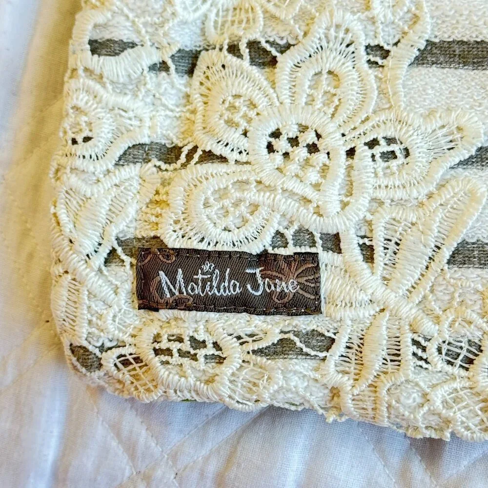 Matilda Jane Classic with a Twist Top Grey and Cream Stripe Lace Trim Drop Cut M